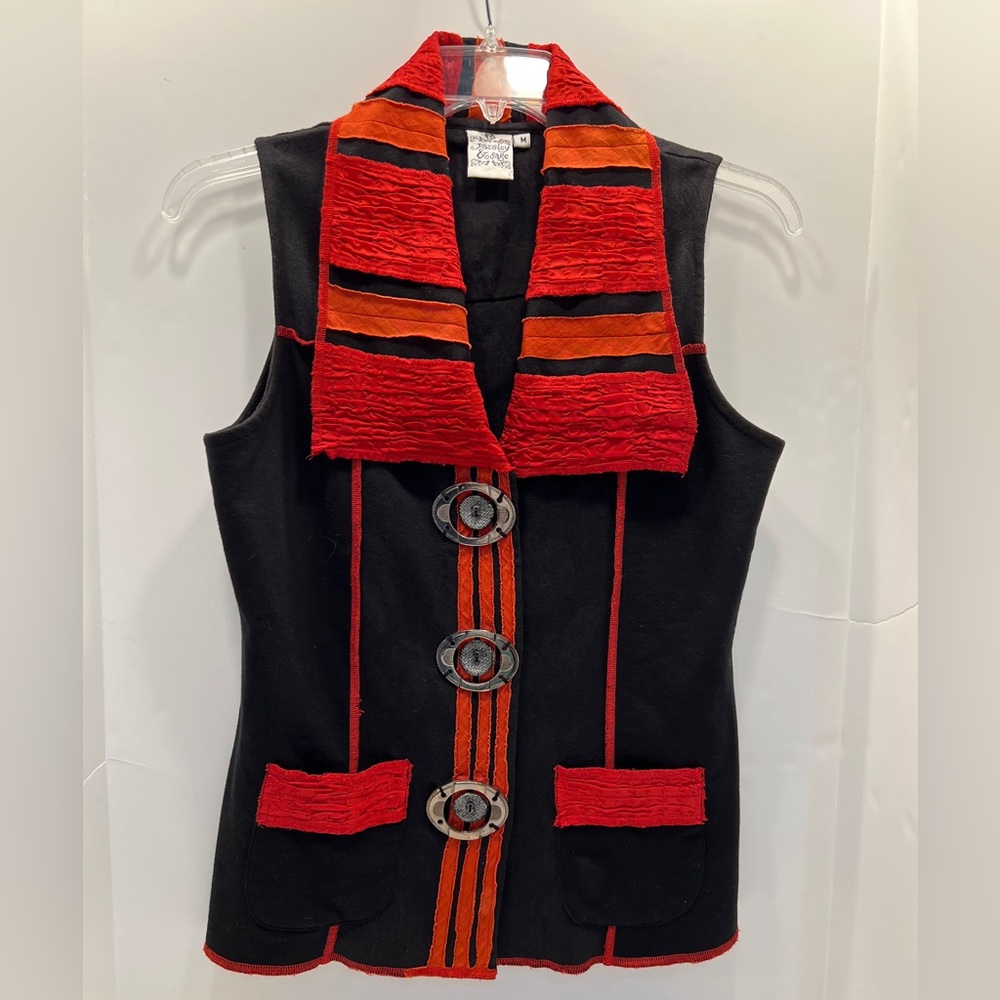 Parsley & Sage Medium Vest Top Snap Boho Chic Pockets Stripes Red/Black